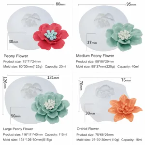 Silicone flower mold set, DIY epoxy resin candle soap casting mold with dimensions.