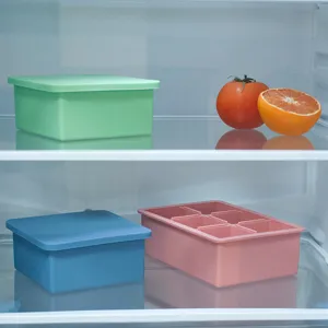 Silicone food storage box with lid and freezer tray set for kitchen meal prep and snacks.