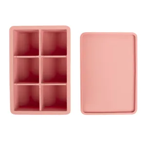 Pink 6-compartment silicone food freezer tray with matching lid for easy storage.
