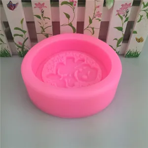 Pink round silicone mold with Fu character and cute rabbit design for handmade soap baking