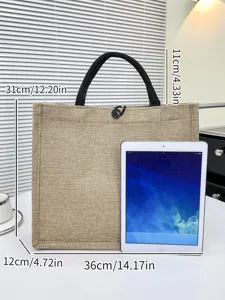 Bolsa de yute duradera con asas negras y detalles de dimensiones para compras diarias.