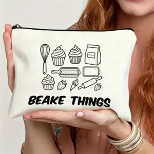 Canvas zipper pouch close up showing cute baking theme line art and text design.