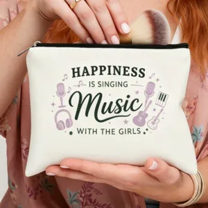 Bolsa de maquillaje de lienzo con estampado de letras musicales, estuche con cremallera.