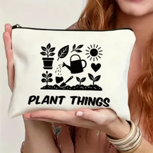 Minimalist black and white line art canvas zipper pouch, versatile daily storage makeup bag.