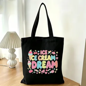 Borsa shopper in tela nera con stampa dolce sogno di gelato, borsa grande e comoda.