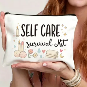 Leinwand Kosmetiktasche mit Self-Care Aufdruck, Reißverschluss Federmäppchen für Make-up.