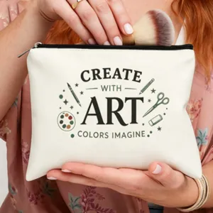 Detalle de bolsa de maquillaje de lona con diseño de estampado artístico y cierre de cremallera.