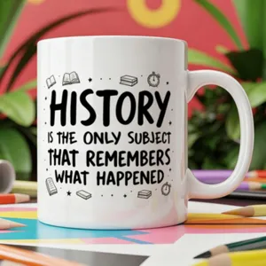 White ceramic coffee mug with history quote printed on it, ideal gift for history lovers.