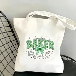 Sac cabas en toile blanche avec imprimé trèfle vert nœud pâtisserie, sac casual.