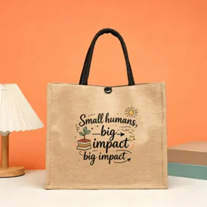 Detailed view of the teacher themed jute tote bag featuring stylish printed typography.