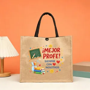 Jute tote bag detail showcasing colorful Spanish teacher print and sturdy black handles.