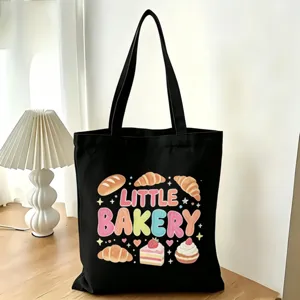 Borsa shopper in tela nera con stampa di panetteria carina, grande borsa a spalla comoda.