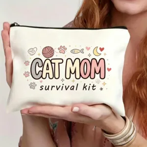 Borsa cosmetica con cerniera in tela bianca con stampa gatto mamma per uso quotidiano