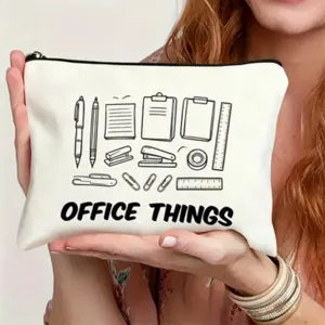 Canvas zipper pouch with cute office supplies line art print for daily storage and travel.