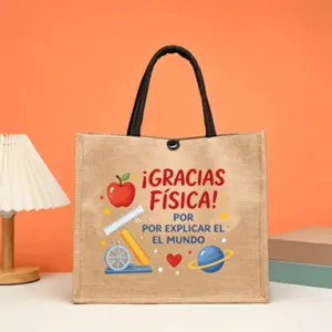 Spanish physics education printed jute tote bag, large capacity canvas handbag for daily use.