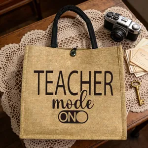 Borsa shopper in juta retro con stampa a tema insegnante, borsa spalla vintage quotidiana.