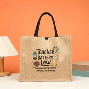 Teacher jute tote bag large capacity burlap shopper bag with coffee print design for daily use.