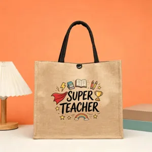 Teacher theme jute tote bag retro linen shopping handbag with large capacity for gift