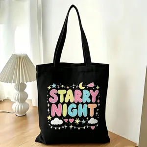 Borsa tote in tela nera con stampa notte stellata, grande borsa shopper casual.