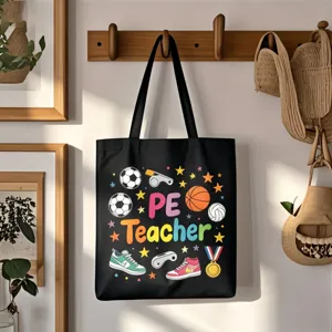 Schwarze Canvas-Tragetasche mit PE-Lehrer-Grafik und Sportelementen für den täglichen Schulgebrauch.