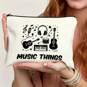 Minimalist black and white line art music canvas zipper makeup pouch for daily use.