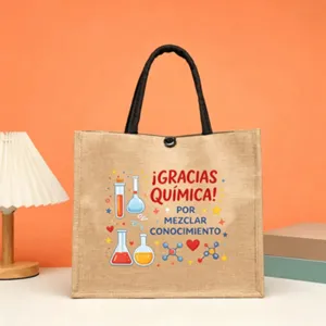 Detailed view of the Spanish chemistry education jute tote bag with cute science graphics.