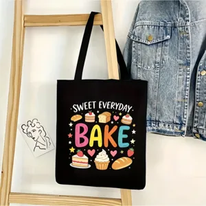 Bolso Tote de Lona Negra para Mujer Estampado de Letras de Dibujos Animados Bolso de Mano Compras Gran Capacidad Bolso de Hombro Casual