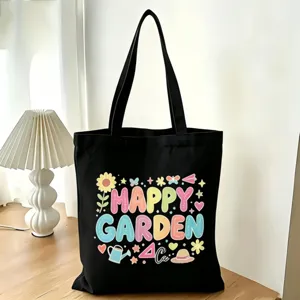 Borsa tote in tela nera con simpatiche stampe di cartoni animati Happy Garden, grande borsa.