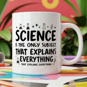 Detailed shot of a white ceramic coffee mug featuring funny science subject typography design.