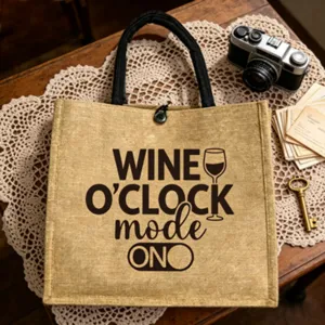 Vintage Jute Tragetasche Detail mit Weinschrift, umweltfreundliche Freizeittasche handtasche.