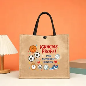 Vista detallada del bolso tote de yute para profesor con estampado de dibujos animados.