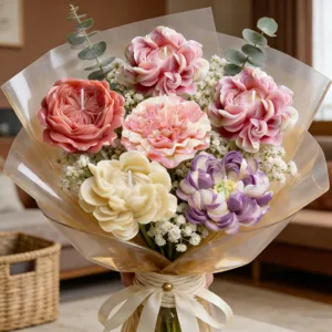 Handgefertigter duftender Blumenkerzen Blumenstrauss als Geschenk fuer romantische Dekoration.