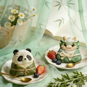 Creative cute panda and dragon zongzi mousse cake silicone mold for DIY baking and chocolate.