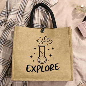 Jute tote bag with science flask graphic and explore text, casual shopping handbag.