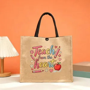 Close-up detail of the teacher appreciation jute tote bag featuring cute cartoon print.