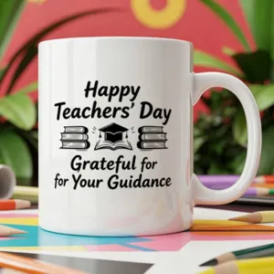 Tasse a cafe en ceramique blanche avec citations de professeur et impression de livres.