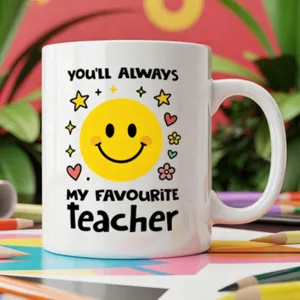 Cute teacher smiley face ceramic coffee mug, perfect appreciation gift for educators.