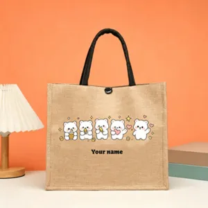 Customizable jute tote bag with cute bear pattern, durable burlap shopping bag for daily use