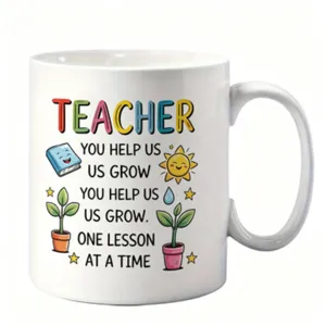 Tasse à café de remerciement pour professeur avec des citations colorées et des illustrations.