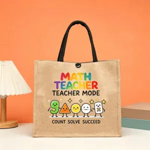 Burlap tote bag with math teacher cartoon print, durable fabric shoulder bag for daily use.