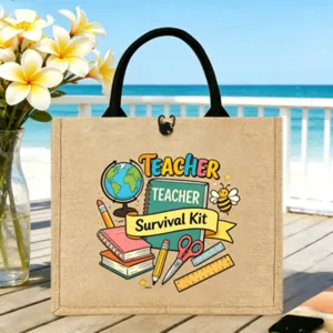Personalisierte Lehrer Jute Tragetasche mit Schulbedarf Druck, grosse Strand Handtasche.