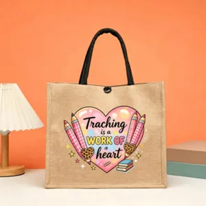 Jute tote bag with teacher heart print, large capacity canvas bento bag for daily gift use