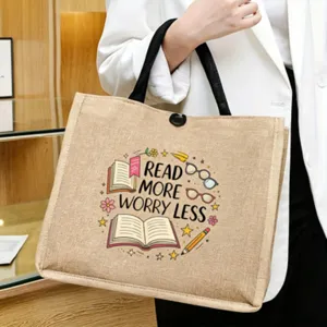 Jute tote bag with teacher book print, casual shoulder handbag for women and daily use.