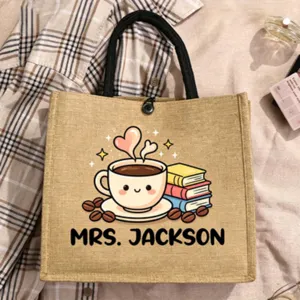 Personalized teacher jute tote bag with cute coffee and book cartoon print for daily use