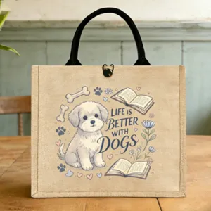 Nahaufnahme des niedlichen Hundemotivs auf der Jute-Lunchtasche mit schwarzen Henkeln.