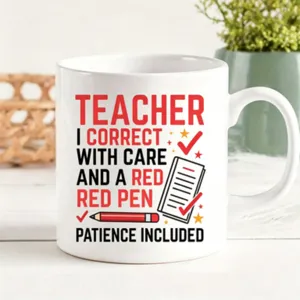 Tazza da caffè in ceramica bianca per insegnanti, tipografia motivazionale, vista dettagliata.
