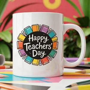 Detailed view of white ceramic coffee mug with Happy Teachers Day book print and colored pencils.