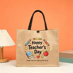 Teacher jute tote bag large capacity canvas handbag gift appreciation grocery bag detail view