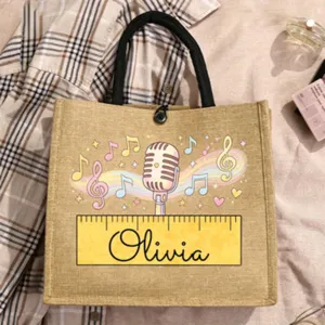 Personalisierte Jute-Tragetasche mit süßem Cartoon-Mikrofon-Druck und Name für die Schule.