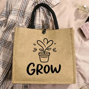 Jute tote bag with plant print and GROW text, eco-friendly casual handbag for daily shopping.